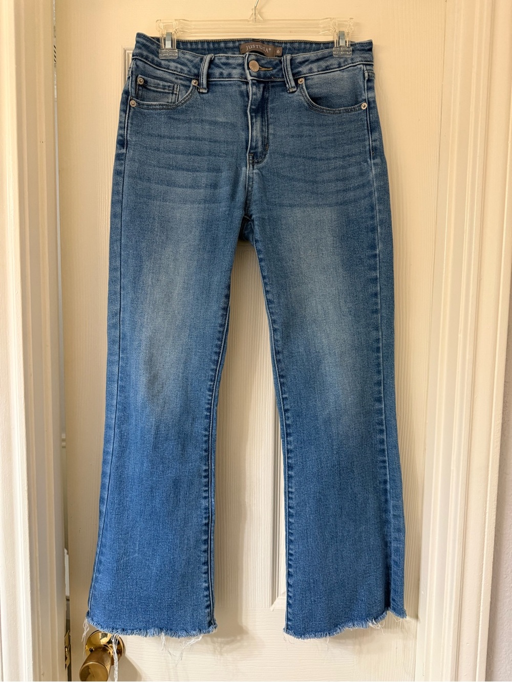 Just USA Medium Blue High-Rise Flare Crop Jeans